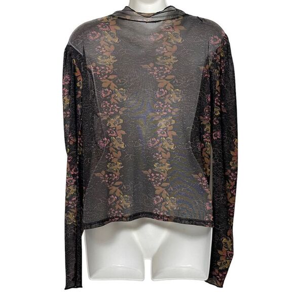FREE PEOPLE Amber Black Floral Print Mesh Mock Neck Top M - Picture 8 of 11